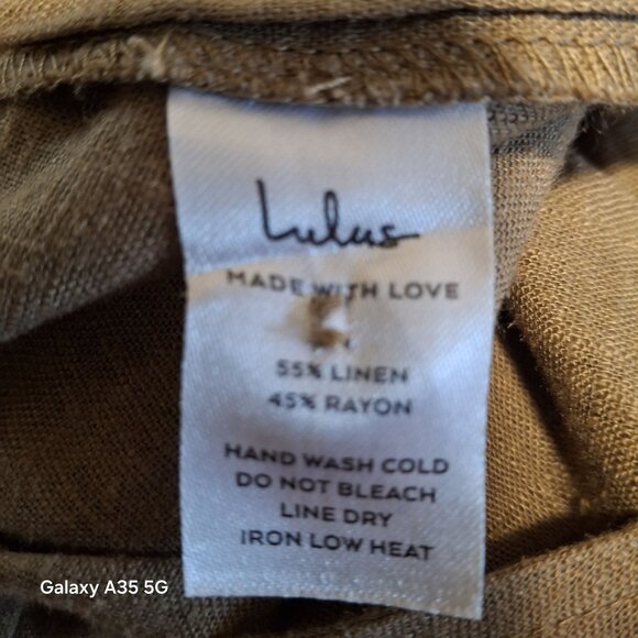 Lulu's Loose Fit Tan Linen Blend Overalls For Women With Adjustable Strap Button - Picture 9 of 10